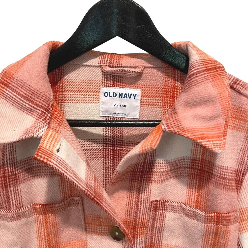 Old Navy Kids XL 14-16 Pink Orange‎ Plaid Flannel Shirt Jacket Shacket